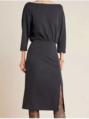Anthropologie Knit Column Midi Dress Boat Neck 3/4 Sleeves Gray